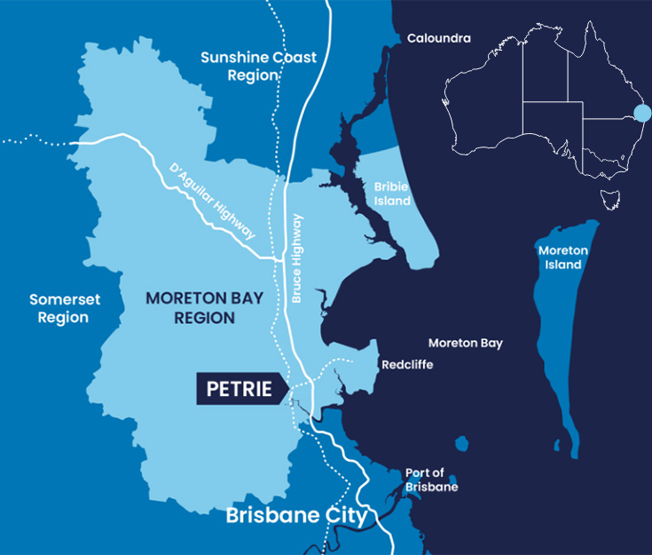 Map showing the location of The Mill at Moreton Bay site in relation to the Moreton Bay Region and surrounds.