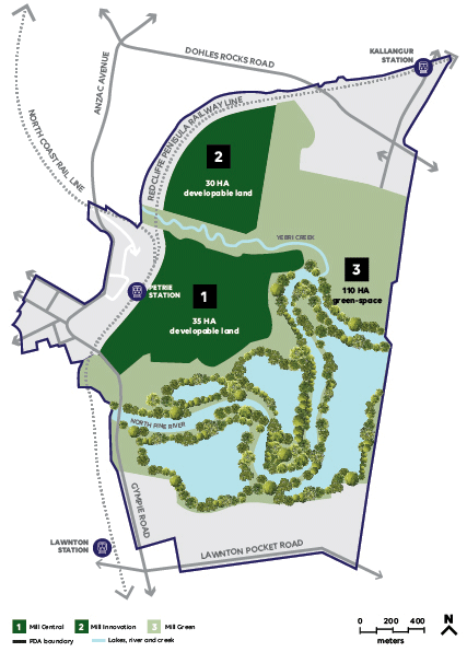 Map showing the extent, place boundaries and infrastructure of the Mill at Moreton Bay site