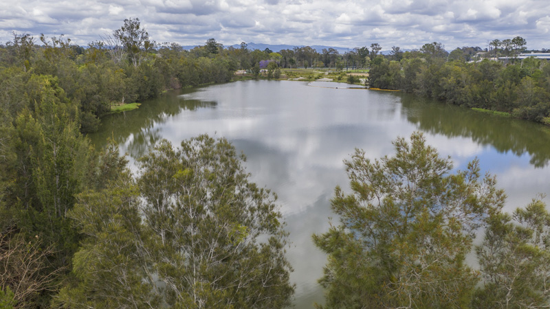 Drone photo taken of lake at the Mill at Moreton Bay site
